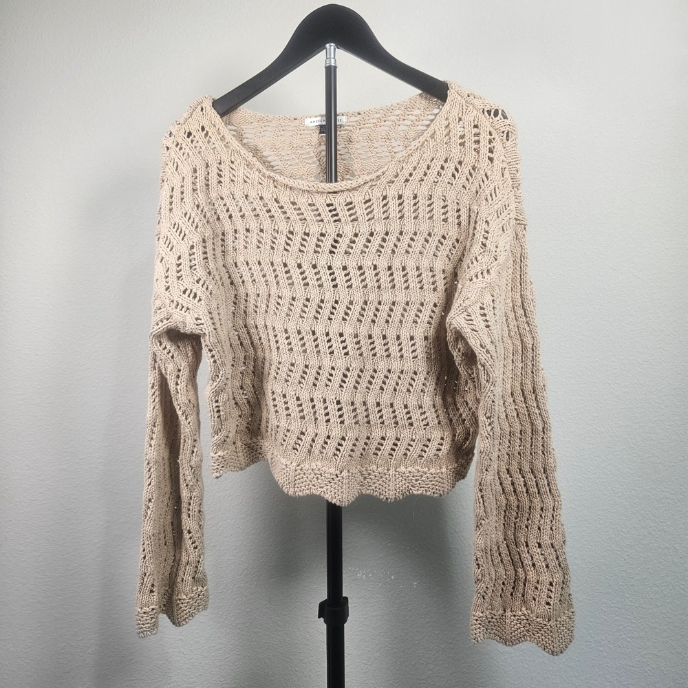 American Eagle Sweater Womens Small Beige Open Knit Pointelle Crop Boho Top